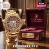Gold luxury wristwatch with Aston Villa Lionheart Heritage crest on maroon face in a branded velvet presentation box!