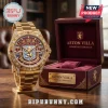 Gold watch with Aston Villa Lionheart Heritage logo, burgundy face, diamond bezel, in matching red presentation box!