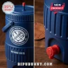 A blue jug showing a circular logo with crossed axes on one side and a red spout on the other!