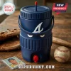 A navy blue water jug with a white letter A sitting next to a baseball and glove!