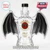 Clear glass Bacardi Anejo Cuatro rum bottle shaped like a bat with black wings and gold logo text on white background!