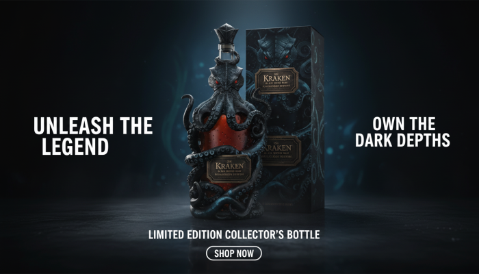 Limited edition Kraken bottle with octopus design beside a dark collector box!