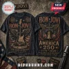 Vintage black t-shirt featuring Bon Jovi text, guitar, wings, liberty bell, US flag, and 1776-2026 graphics!