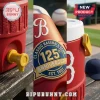A collage of three images showing details of a red water cooler spout and anniversary logos!