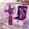 Magenta BTS handheld fan with glowing 