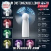 White customizable LED hand fan displaying 'YOUR TEXT' in vibrant blue, red, green, yellow, purple, and pink colors! Modern tech accessory!