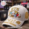 White distressed BTS baseball cap featuring BT21 characters, gold BTS text, and 'COSMIC FRIENDS' with signatures embroidered!