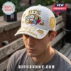 White distressed baseball cap with gold embroidered BTS, BT21 characters, COSMIC FRIENDS, and BTS logo!