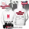 White BTS World Tour Arirang hoodie featuring group photo print and concert dates for Asia and Australia in black and red!