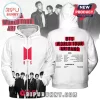 White BTS zip-up hoodie featuring black and white group photo, red logo, and world tour dates on the back!