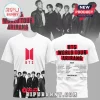 White BTS World Tour Arirang t-shirt featuring band members and concert dates in red and black print!