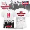 White BTS tour t-shirt with red logo and back print listing Asian and Australian concert dates and venues!