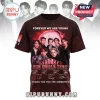 BTS graphic t-shirt with red lightning background, band members, and text Forever We Are Young and BTS World Tour!