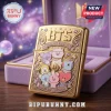 Gold lighter with BTS Cosmic Friends BT21 characters and purple accents in a display case!