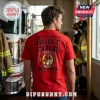 Red t-shirt with Engine House Designs Built By Fire Bucee's text and a beaver wearing a firefighter helmet graphic design!