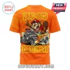 Bright orange tee with cartoon beaver driving a flaming hot rod and Buc-ees Think Fast text in bold yellow letters!