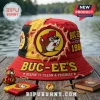 Red and yellow distressed bucket hat featuring Buc-ee's beaver logo, EST 1982 text, and Keepin It Clean and Friendly slogan!