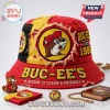 Red and yellow distressed bucket hat featuring Buc-ees beaver logo and text Keepin It Clean and Friendly embroidery!