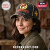 Distressed black baseball cap with Buc-ees beaver logo and Texas patch on a woman wearing an olive green jacket!