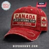 Distressed red Canada soccer hat with 'CANADA MEN'S NATIONAL TEAM 1912-2026' text, maple leaf soccer ball patch!