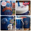 A blue Chicago Cubs anniversary cooler cup shown in four different close up angles.