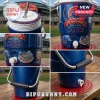 A collage of six images showing various features and close ups of a blue Chicago Cubs cooler cup.