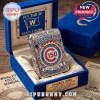 Silver ornate Chicago Cubs 150th Anniversary Zippo-style lighter, red/blue enamel, 
