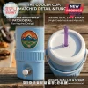 A light blue cooler cup with a mountain patch and a purple straw!
