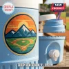 Detailed views of a blue cooler cup patch and tap!