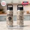 Beige insulated water bottle with black lid, retro Newfoundland dog wearing cowboy hat, 'COOL IT Cowboy' text, brown paw prints, 'Stay Pawsitive Your Name' on back!