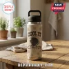 Beige insulated water bottle, black lid. Retro cowboy dog graphic, paw print background. Reads 