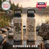 Two beige insulated tumblers, black lids, paw print pattern. Left: German Shepherd in cowboy hat, 