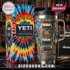 Def Leppard Yeti tumbler with tie dye background, guitar hardware, leopard icon, and Pour Some Sugar On Me text!