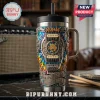 Stainless tumbler featuring Def Leppard logo, guitar parts, tie-dye background, and Pour Some Sugar On Me text!