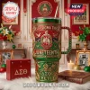 Delta Sigma Theta Juneteenth insulated tumbler with red green and gold ornate crest and metallic finish!