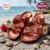 Red & white tie-dye Delta Sigma Theta sorority slide sandals with gold buckles, pearl, roses, gloves, crest, 