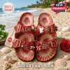 Red & white tie-dye Delta Sigma Theta sorority sandals with gold buckles, rose, pearl, glove, and scroll accents, text 