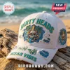 White distressed trucker hat with teal 'DIRTY HEADS' and 'OCEAN VIBES' text, featuring an octopus skull, palm trees, and waves!
