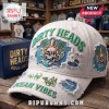 White distressed cap, grunge style skull octopus palm tree waves graphic! Teal DIRTY HEADS, OCEAN VIBES text on blue denim background!