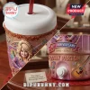 A collage showing two angles of a pink glittery Dolly Parton anniversary cooler cup with a portrait and spigot!