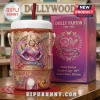 A pink sparkling Dolly Parton anniversary cooler cup standing beside its purple product box!