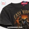 Black vintage acid wash t-shirt with Easy Rider motorcycle rider graphic featuring american flag helmet and desert sunset!