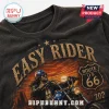 Vintage black t-shirt featuring a biker graphic with sunset colors and Easy Rider Route 66 text!
