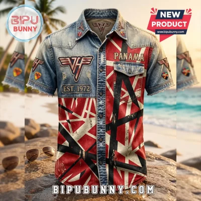Eddie Van Halen Panama Frankenstrat Stripe Denim Hawaiian Shirt