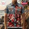 Vintage denim shirt with red white and black striped pattern text reads VH EST 1972 and PANAMA rock style patches!