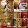 A collage of six images showing the gold cooler cup from multiple angles along with its red packaging box!