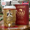 A gold Elvis Presley anniversary cooler cup standing beside a red branded box on a table!