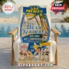 Blue Hawaii beach towel featuring retro Elvis Presley movie poster graphics with palm trees and vibrant 1960s film art!