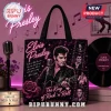 Pink black retro Elvis Presley tote bag with Elvis playing guitar, mic, film strip images, 