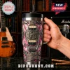 Elvis Presley stainless steel tumbler with guitar mechanics, pink background, text reads The King of Rock N Roll TCB Forever!